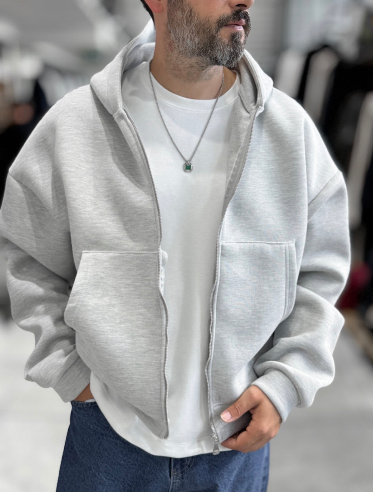 Duks Panda oversize me zip gri - afër