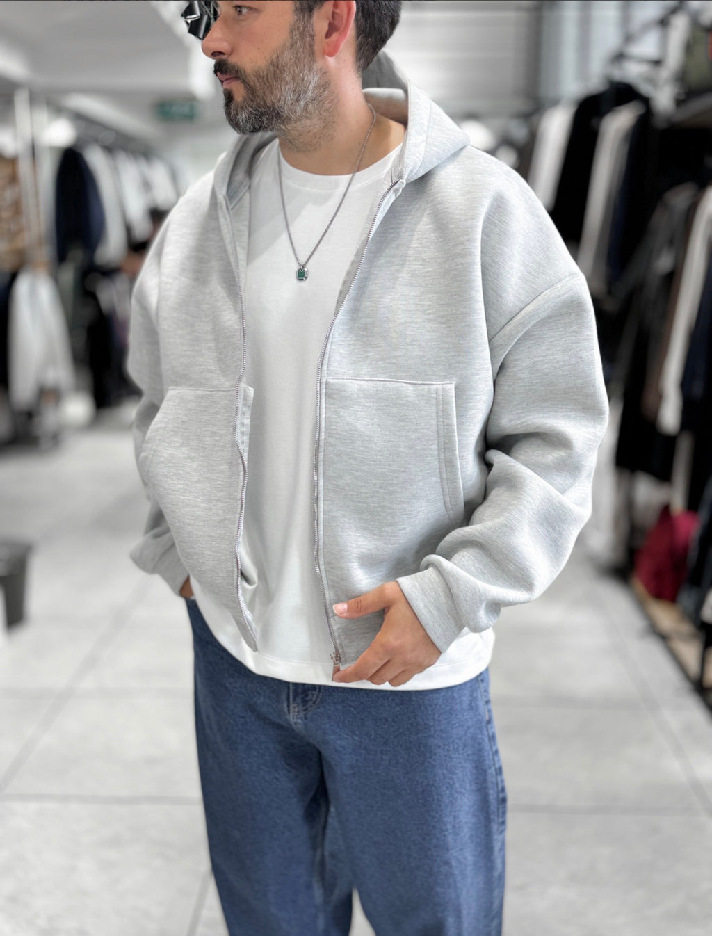 Duks Panda oversize me zip gri