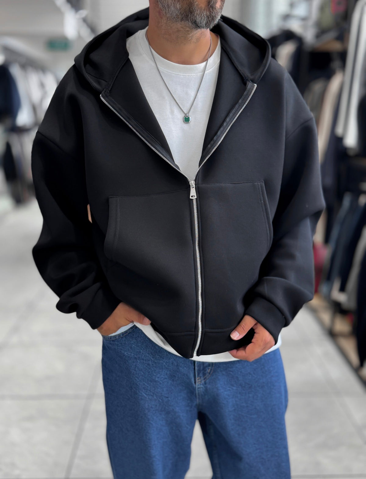 Duks Panda oversize me zip i zi - afër